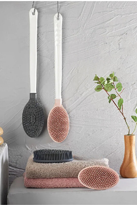 Silikon Çift Taraflı Duş Ve Masaj Fırçası - Saplı Vücut Temizlenme Fırçası