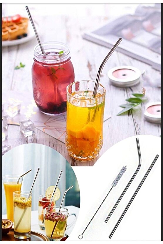 Paslanmaz Çelik Pipet Seti( 2 Adet Çelik Pipet+pipet Temizleme Fırçası)