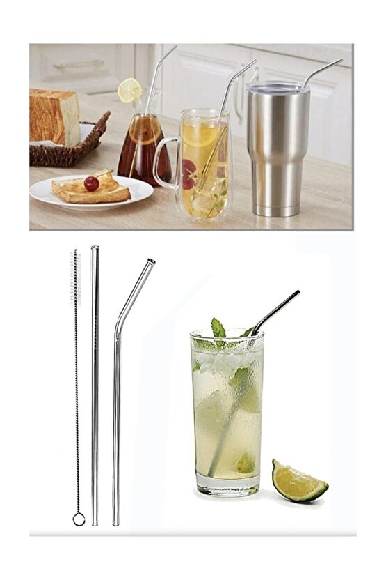 Paslanmaz Çelik Pipet Seti( 2 Adet Çelik Pipet+pipet Temizleme Fırçası)