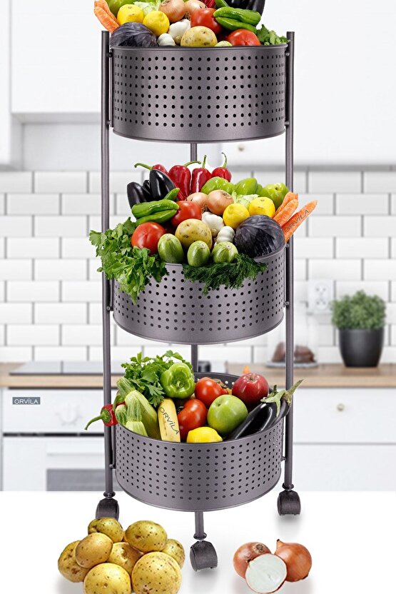 3 Katlı Lüx Siyah Salda Sebzelik Patates Soğanlık Kovası Çeyizlik Tekerlekli Meyve Sepeti