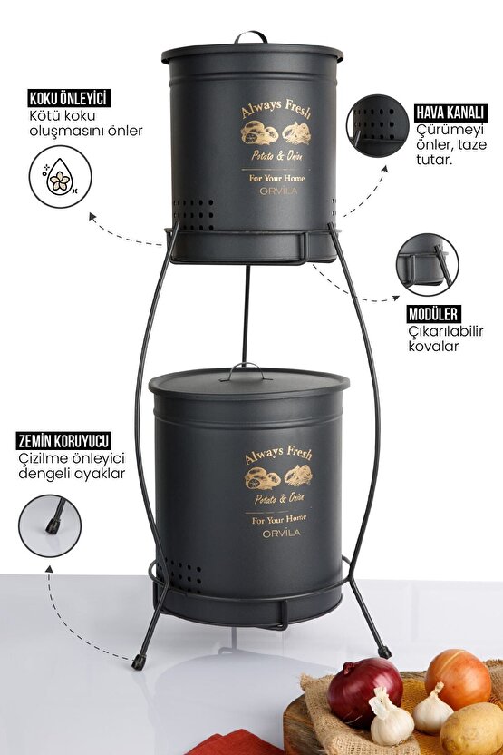 2 Katlı Metal Patates Soğanlık Kovası Çeyizlik Sebzelik Saklama Kabı - Siyah
