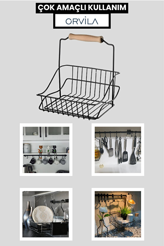 Ahşap Saplı Siyah Metal Mutfak Sepeti 20x20 Cm