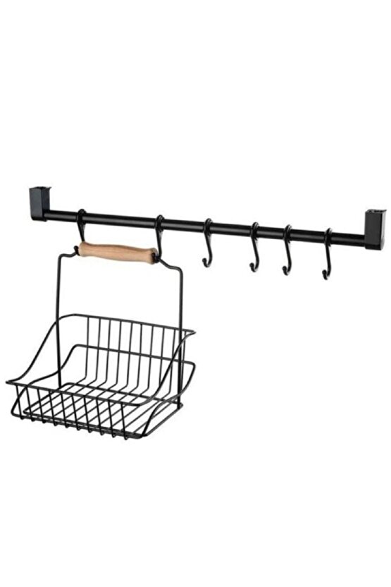 Siyah Retro Sepet Ve 6 Kancalı Askılı Boru Seti - Metal