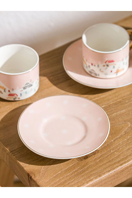 Pembe Baskılı 2 Kişilik Porselen Kahve Fincan Takımı 90 ml