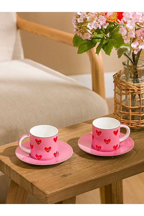 LCW HOME Karışık Kalp Baskılı 2 Kişilik Porselen Kahve Fincan Takımı 90 Ml