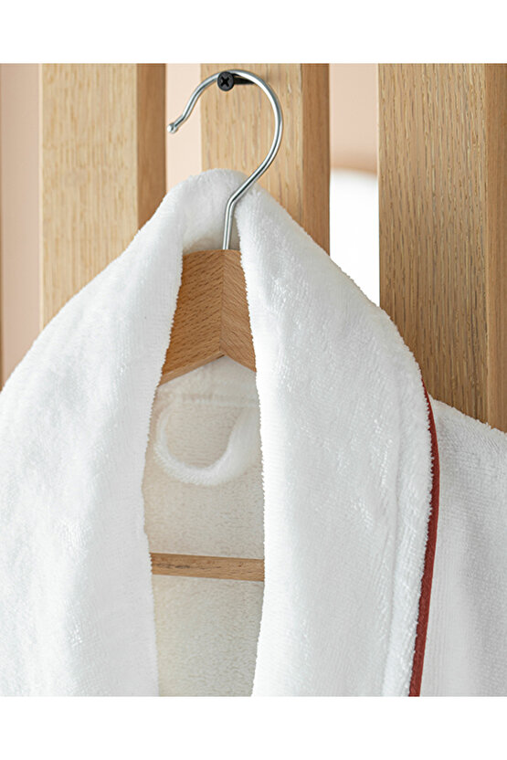 Premium Kadife Pamuklu Biyeli Bornoz L-xl Beyaz-kiremit