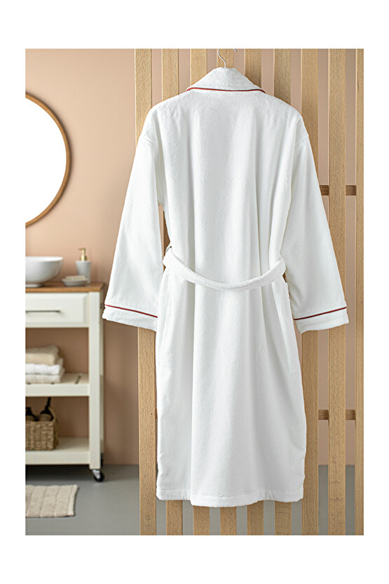 Premium Kadife Pamuklu Biyeli Bornoz L-xl Beyaz-kiremit