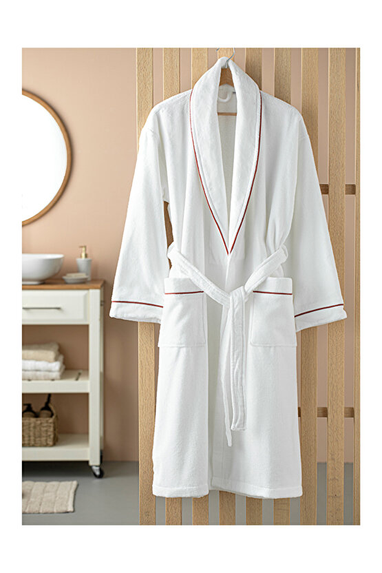Premium Kadife Pamuklu Biyeli Bornoz L-xl Beyaz-kiremit
