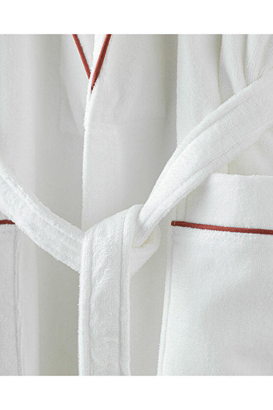 Premium Kadife Pamuklu Biyeli Bornoz L-xl Beyaz-kiremit