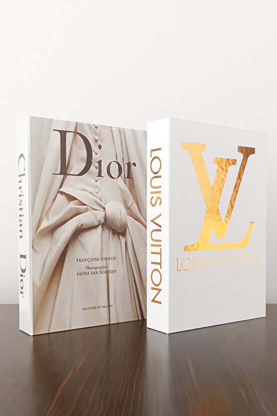 2li Dekoratif Kitap Kutu Görünümlü Dior Gelinlik & Lv Beyaz Yaldız Desen Temalı