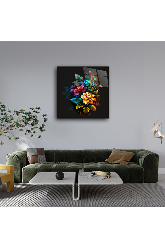 Karışık Renkli Çiçekler Cam Tablo Duvar Dekoru