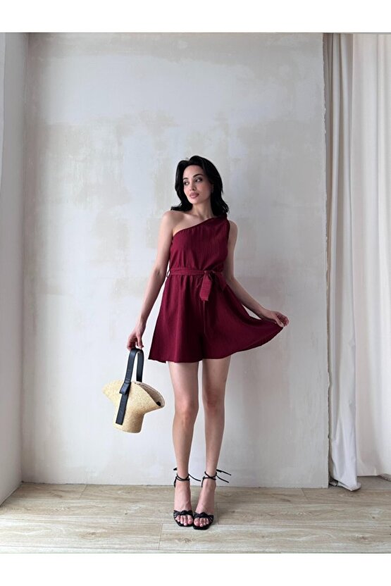 Kadın Tek Omuz Kuşaklı Mini Tulum