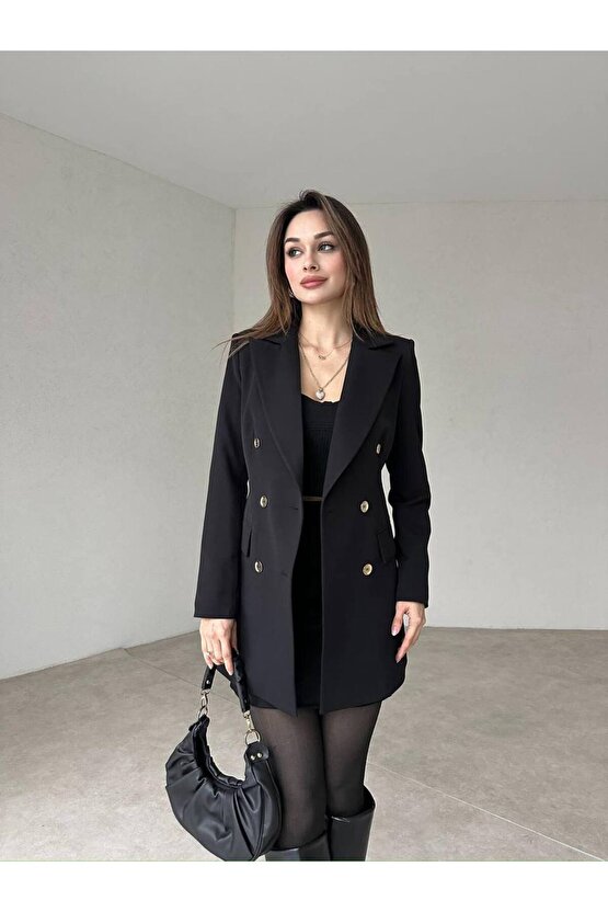 Kadın Çift Düğme Atlas Kumaş Ceket