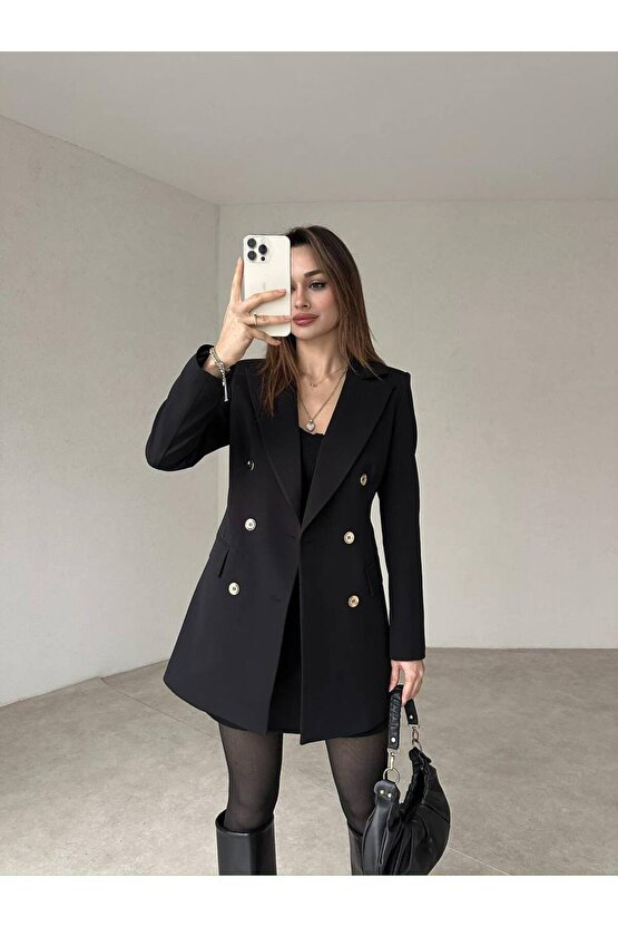 Kadın Çift Düğme Atlas Kumaş Ceket