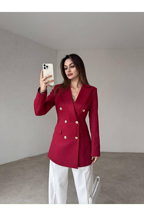 Kadın Çift Düğme Atlas Kumaş Ceket