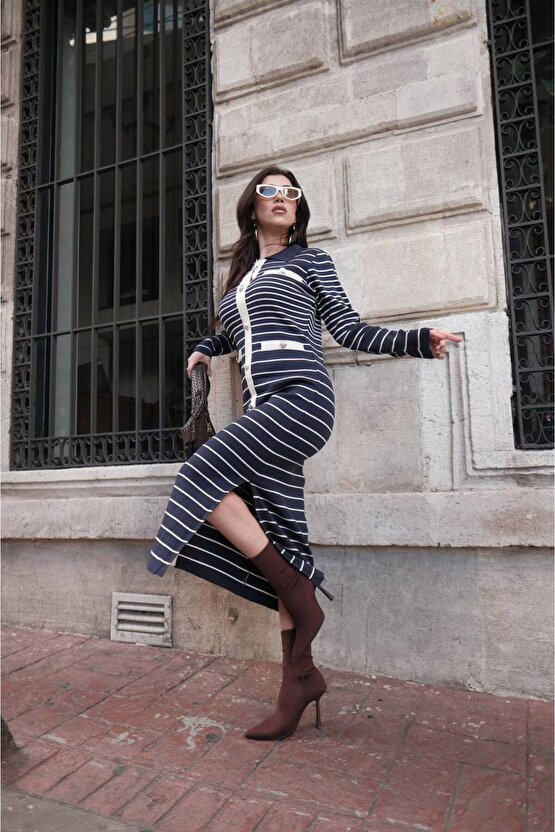 Kadın Çizgi Desen Maxi Triko Elbise