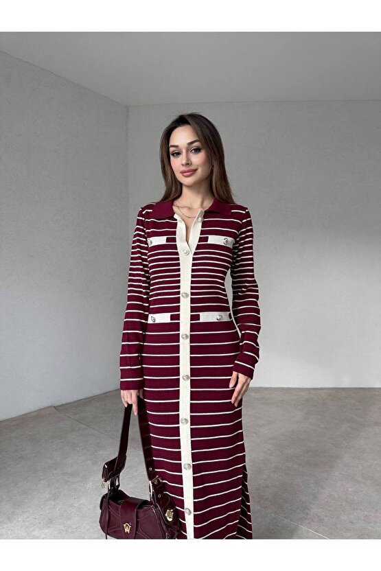 Kadın Çizgi Desen Maxi Triko Elbise