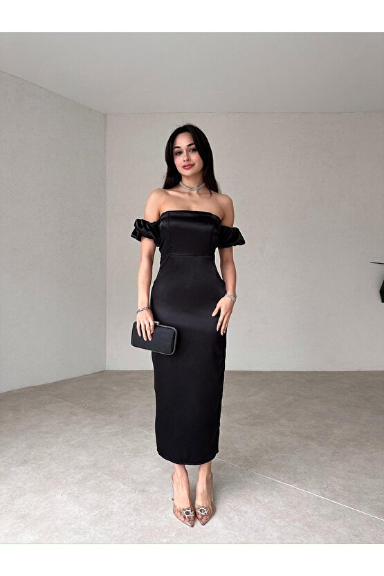 Straplez Kol Detaylı Yırtmaçlı Midi Boy Siyah Şifon Elbise