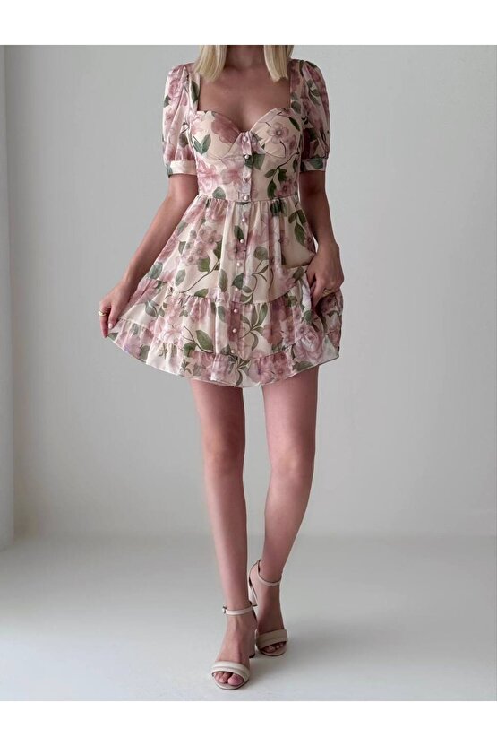 Kısa Kol Gloplu Düğme Detaylı Şifon Kumaş Mini Kahve Elbise