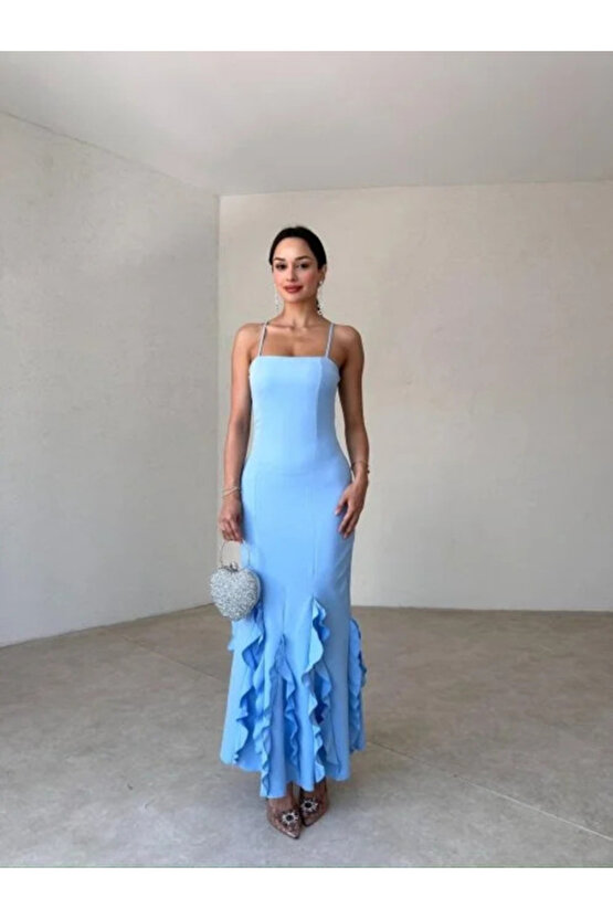 Askılı Fırfır Detay Atlas Kumaş Mavi Uzun Elbise