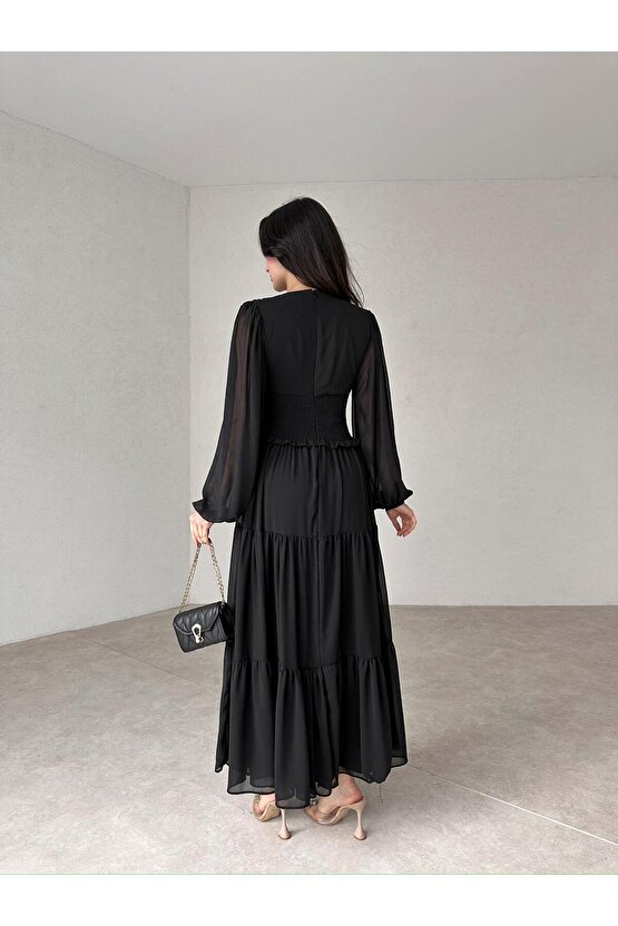 V Yaka Astarlı Beli Lastikli Şifon Kumaş Uzun Boy Siyah Elbise