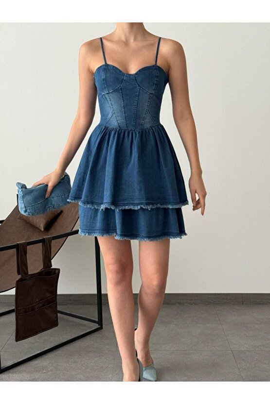 Askılı Korse Formlu Kat Etek Likralı Mini Boy Mavi Kot Elbise