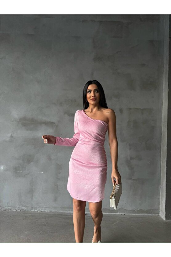 Tek Omuz Desenli Dantel Pembe Elbise