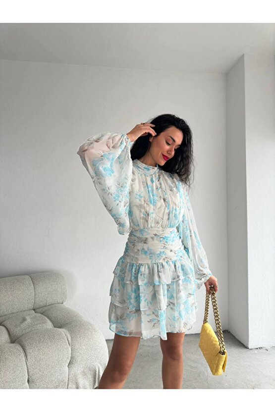 Dik Yakalı Drapeli Sırt Detaylı Çiçek Desenli Mint Yeşili Mini Şifon Elbise