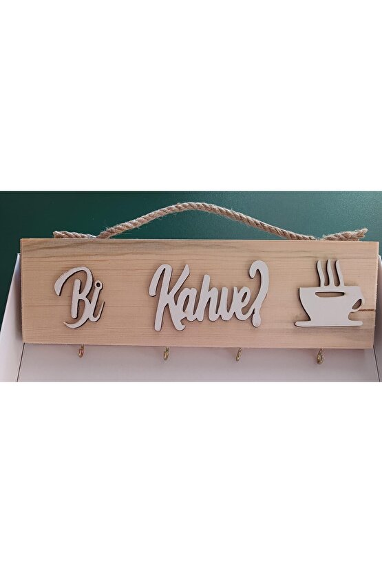 Ahşap Bi Kahve Yazısı Duvar Tablo Fincanlık & Anahtarlık - BEYAZ  Dekoratif  Mutfak Yazıları