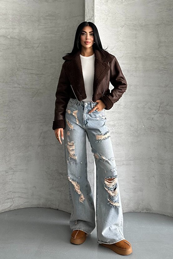 Kadın İçi Kürklü Suni Deri Mont - Crop Biker Deri Ceket