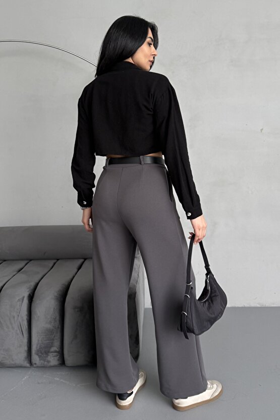 Yüksek Bel Bol Paça Kemerli Likralı Kadın Palazzo Pantolon - Gri