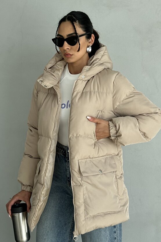 Kapüşonlu Oversize Kadın Şişme Mont - 4 Cep Detaylı, Bej