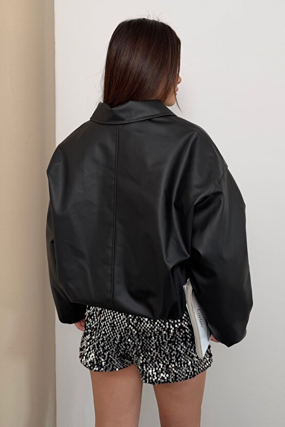 Kadın İçi Kürklü Peluş Astarlı Kemerli Oversize Deri Mont Ceket