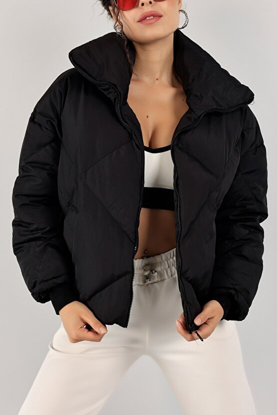 Kadın Siyah Şişme Mont Yüksek Yaka - Oversize Kalın Dolgulu Kışlık