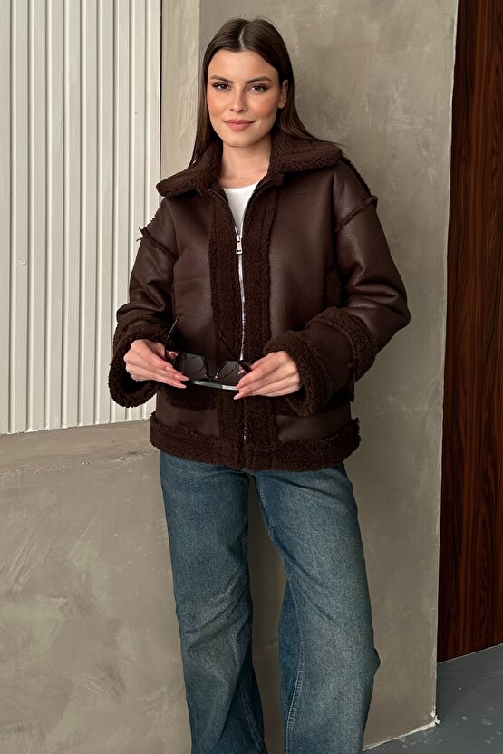 Kadın Kürklü Deri Mont - Oversize Suni Deri Kaban - Shearling İçi Peluş Ceket (Kahverengi  Siyah)