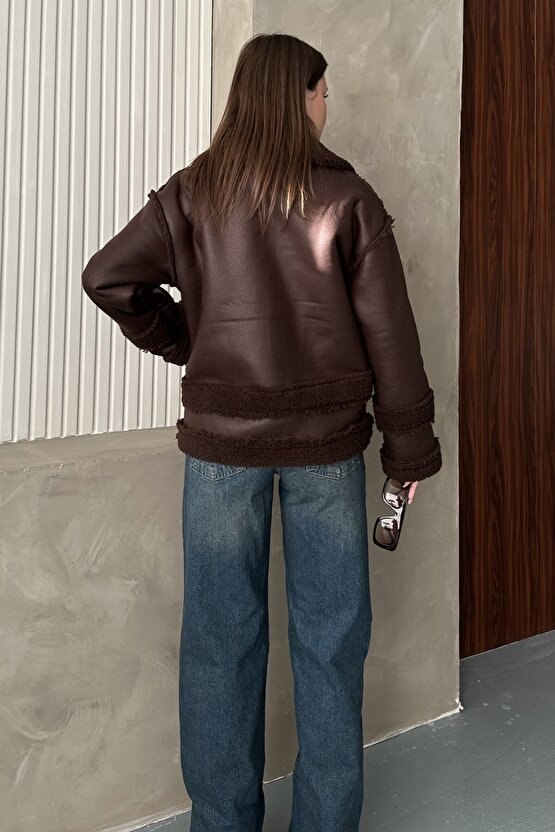 Kadın Kürklü Deri Mont - Oversize Suni Deri Kaban - Shearling İçi Peluş Ceket (Kahverengi  Siyah)