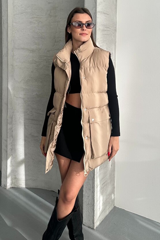 Kadın Şişme Yelek - Cepli Fermuarlı Günlük Şişme Yelek