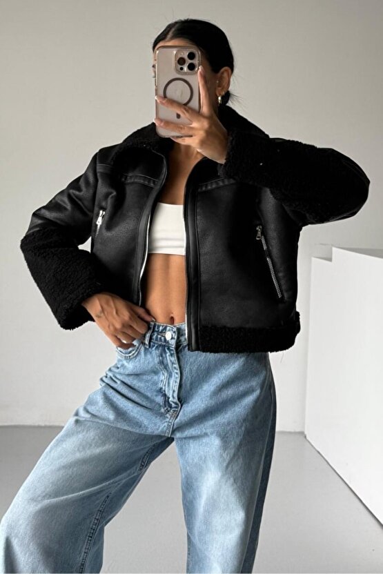 Kadın Peluş Detaylı Crop Biker Suni Deri Mont