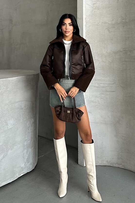 Kadın Peluş Detaylı Crop Biker Suni Deri Mont