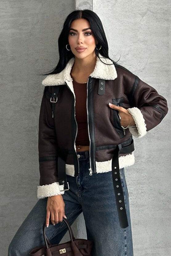 Kadın Kemerli İçi Kürklü Deri Mont - Biker Deri Ceket