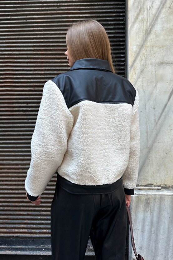 Kadın Siyah Deri Detaylı Peluş Bomber Ceket - Oversize