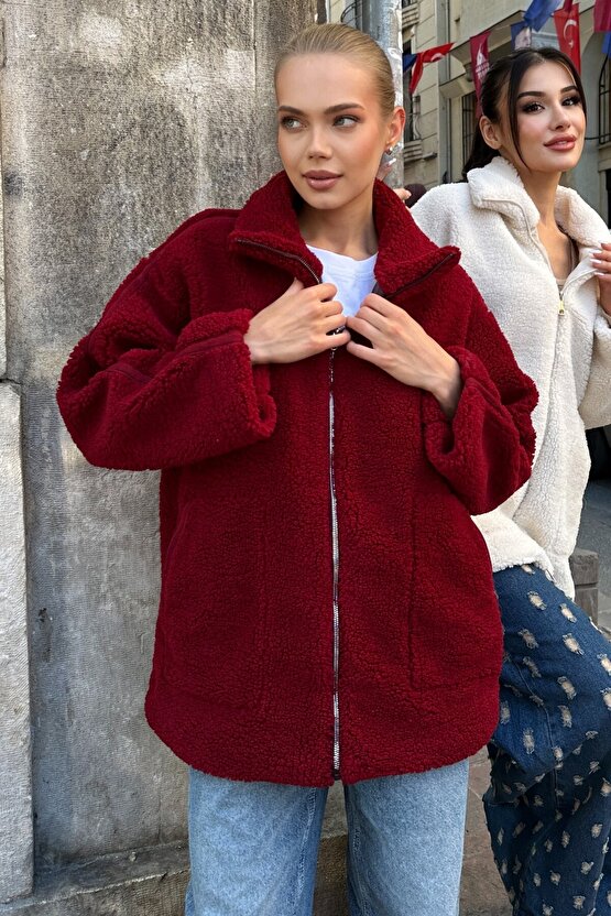 Dik Yakalı Cepli Oversize Kadın Peluş Mont - Bordo