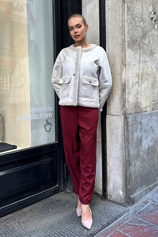 Kadın İçi Suni Kürklü Süet Ceket - Yumuşak Dokulu, Düğmeli