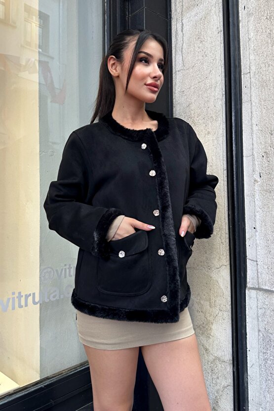 Kadın İçi Suni Kürklü Süet Ceket - Yumuşak Dokulu, Düğmeli