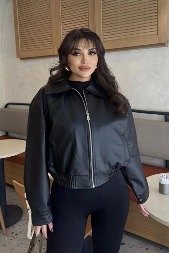 Yaka Detaylı Deri Bomber Ceket