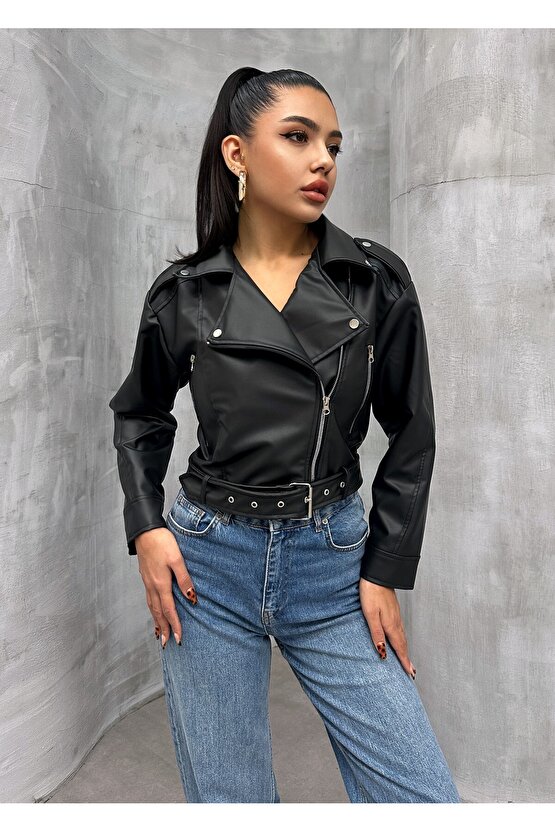 Bel Kemer Detaylı Crop Biker Deri Ceket