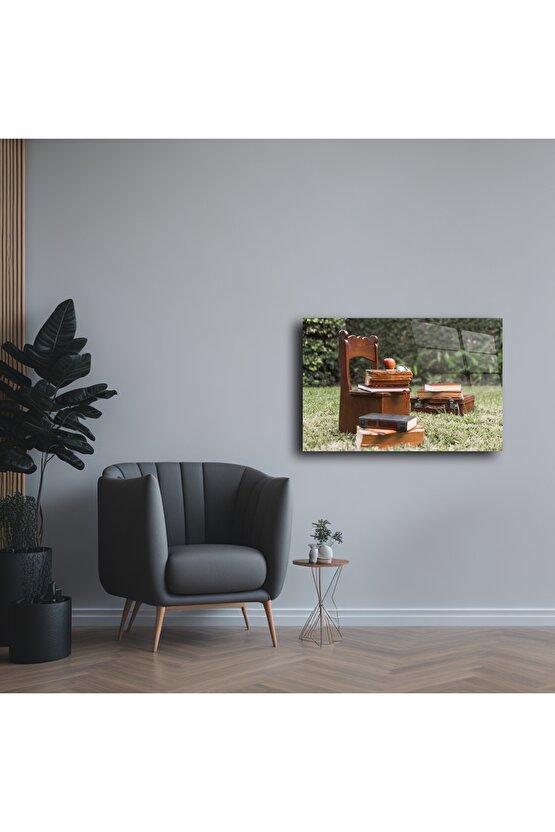 Cam Duvar Tablosu Vintage Kitaplı Doğa Kompozisyonu