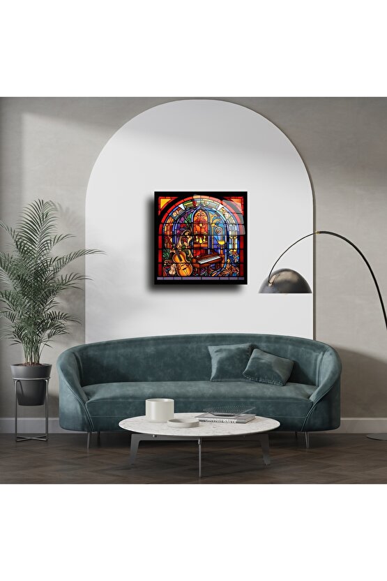 Piyano ve Viyolonselli Renkli Vitray Duvar Sanatı