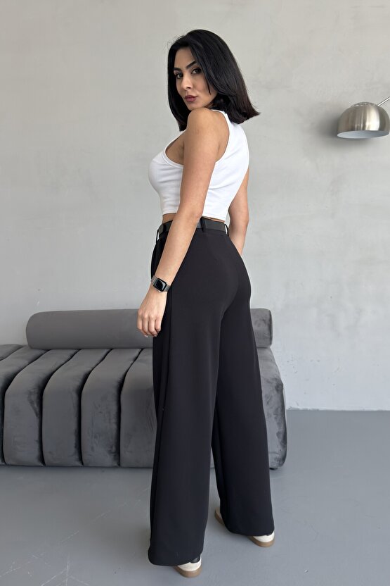 Yüksek Bel Bol Paça Kemerli Likralı Kadın Palazzo Pantolon - Siyah