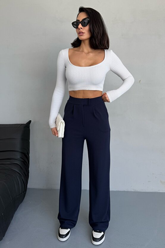 Kadın Yüksek Bel Cırt Kapamalı Likralı Lacivert Palazzo Pantolon - Günlük Rahat Kalıp